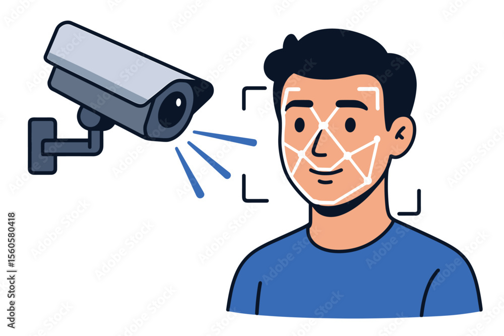 Poster face recognition technology concept. security camera scanning man face for biometric identification.
