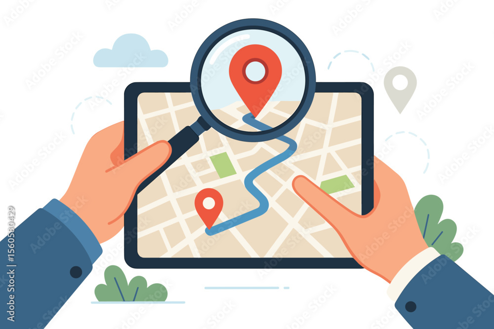 Poster hands holding tablet with gps navigation app. online city map with route, pin pointer and destinatio