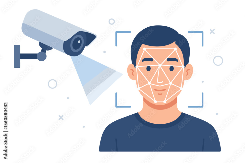 Poster face recognition technology concept. facial identification system with security camera scanning a pe