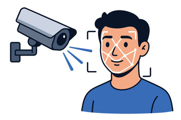 Face recognition technology concept. Security camera scanning man face for biometric identification. CCTV video surveillance system with AI. Modern security and privacy vector illustration.