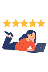 Woman with laptop giving a five star rating. Customer review and feedback concept. Happy client satisfaction, online survey testimonial. Excellent service, best score vector illustration.