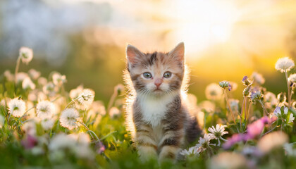 adorable kitten in blossoming flower meadow under soft light