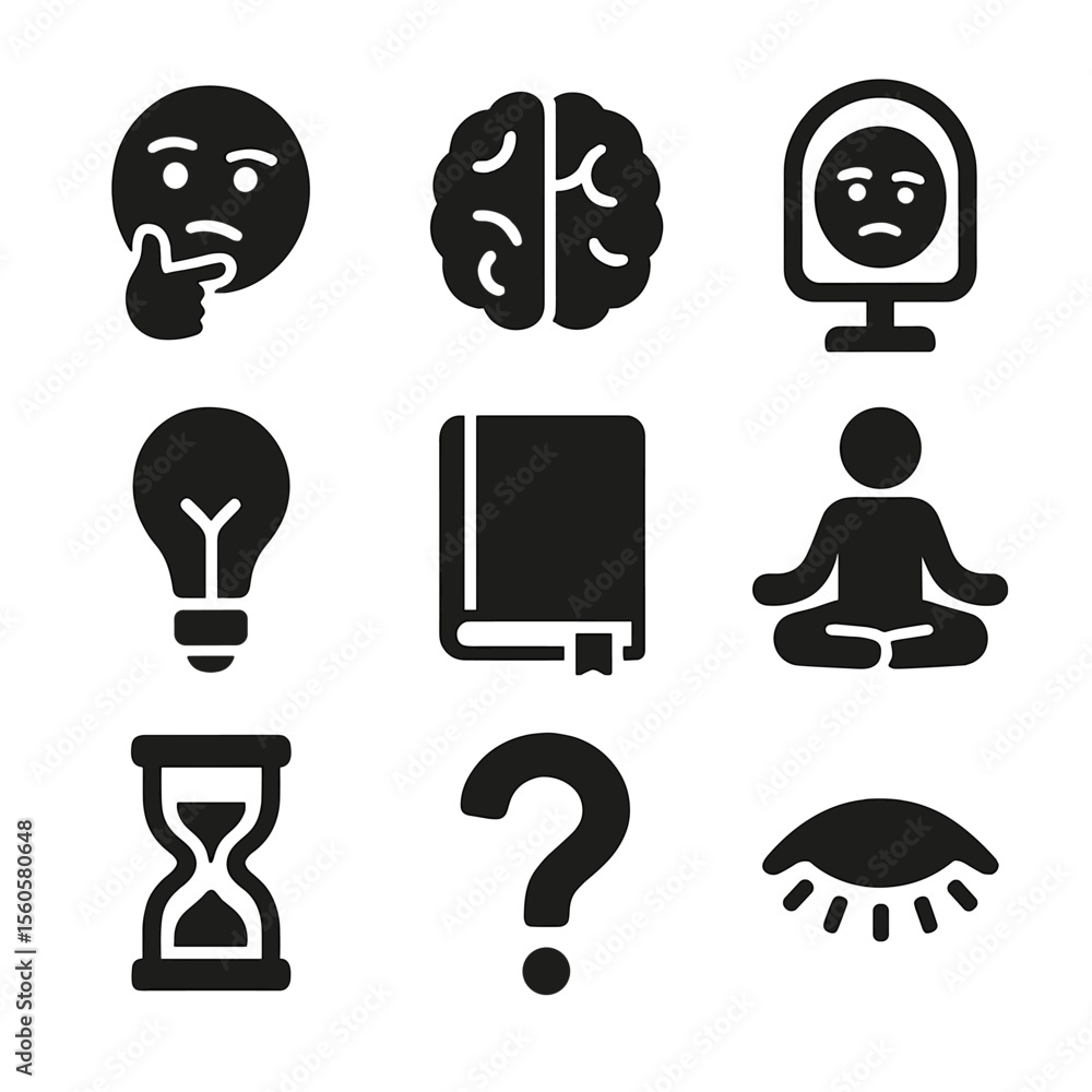 Poster introspection icon grid. solid, filled icon set of introspection concepts: thinking face, brain, mir