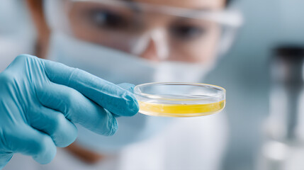 Scientist examining yellow liquid in lab. Female lab worker wearing gloves and inspecting a yellow liquid sample in petri dish. Scientific research or biotechnology concept.