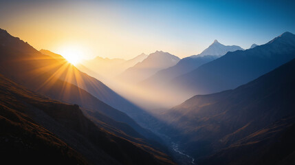 Majestic Sunrise Over Mountain Valley with Mist and Soft Light for Travel Blogs, Nature Websites, Adventure Guides, Landscape Photography, and Inspirational Quotes  