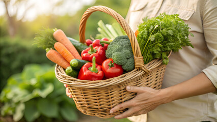 Fototapeta premium Fresh, ripe vegetables like tomatoes, cucumbers, and peppers are in a wicker basket, held by a woman, signifying a healthy and fresh harvest of organic food