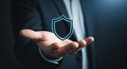 man holding virtual icon shield with a lock symbol, concept about security, cybersecurity and protection 