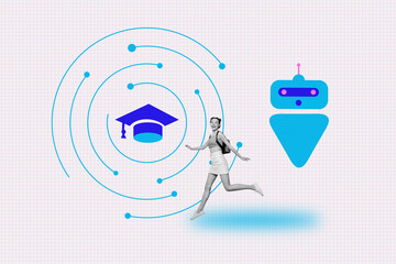 Banner full 3d artwork collage of happy teenager schoolgirl run teacher artificial intelligence...