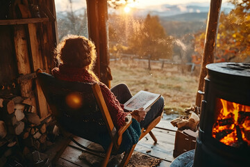 Woman reading book in cozy cabin with sunset view