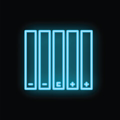Blue neon battery charging status indicator glowing on black background showing different charge levels