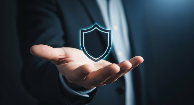 man holding virtual icon shield with a lock symbol, concept about security, cybersecurity and protection 