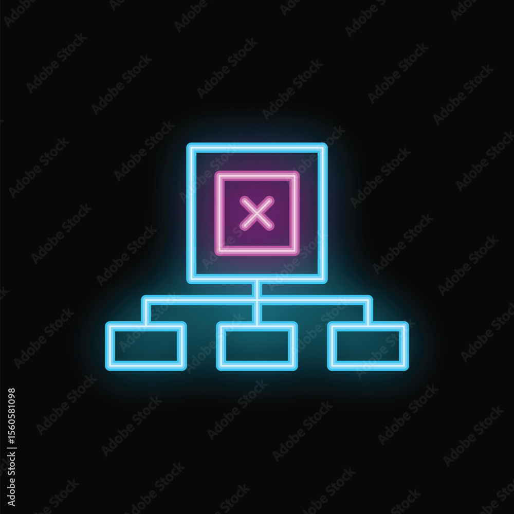 Poster neon glowing sign of a computer network with a disconnected server on a black brick wall background