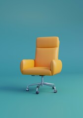 Yellow Office chair isolated on blue background. Abstract vertical 3d minimal illustration. Work concept.