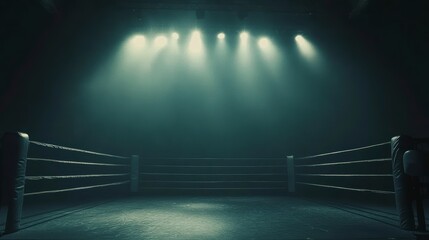 Empty boxing ring illuminated by spotlights in a dark arena.