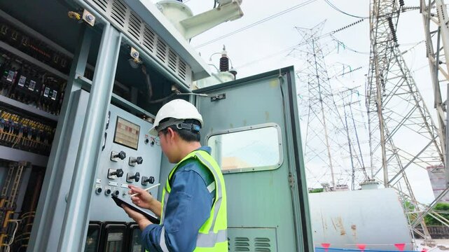 Inspect control cabinet substation power transformer electrical equipment ensuring safety efficiency monitoring technician maintenance high voltage energy distribution system operation