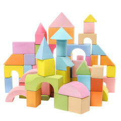 Colorful wooden building blocks castle construction for children isolated on transparent background