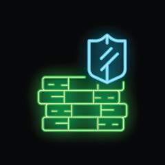 Glowing neon line shield protecting brick wall icon isolated on black background. Vector illustration