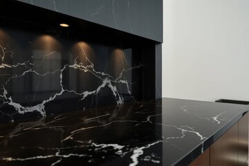 Black marble counter and backsplash with white veining illuminated by two overhead lights adjacent to a plain white wall