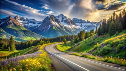 Naklejka premium Scenic Mountain Road Winding Through Vibrant Meadows and Evergreen Forests at Sunrise