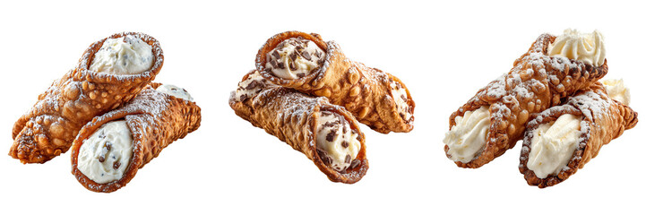 Set of crispy cannoli filled with creamy ricotta isolated on a transparent background