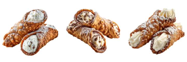 Set of crispy cannoli filled with creamy ricotta isolated on a transparent background