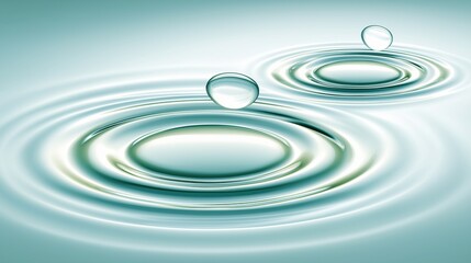 Two water drops create ripples on the water surface, resulting in concentric circles and reflections.
