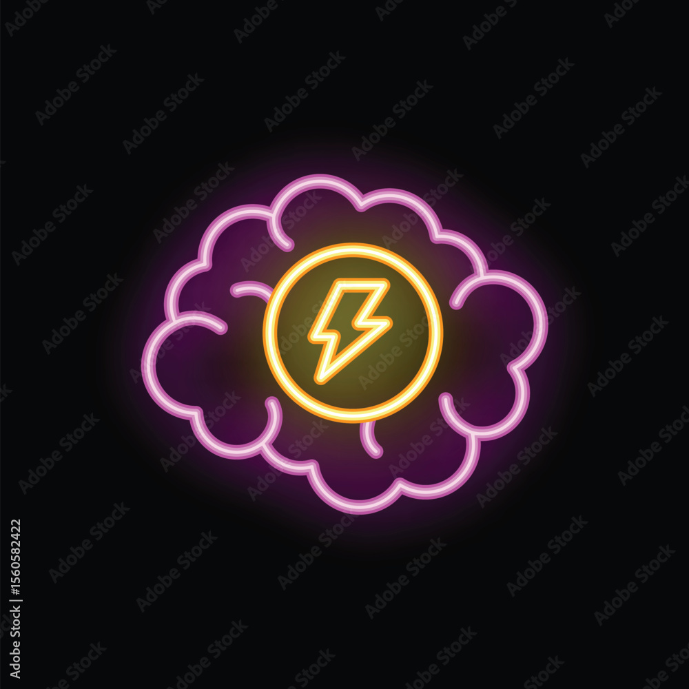 Poster neon sign representing a brain containing a light bulb, symbolizing the process of generating ideas 