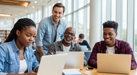 Diverse Group of Students Collaborating on Laptops in a Modern Library Setting