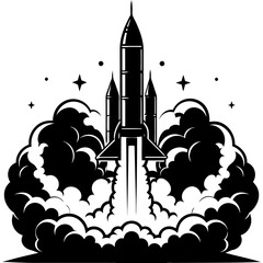A black rocket launching into space with smoke isolated on white