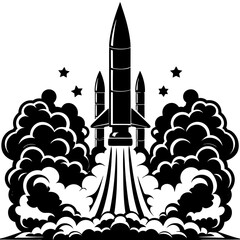 A black rocket launching into space with smoke isolated on white