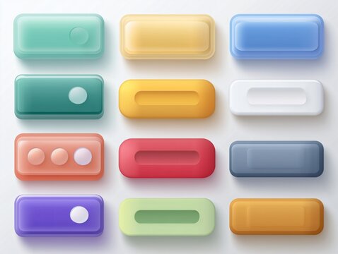 A collection of colorful buttons displayed against a neutral background. Each button features a unique shape and design