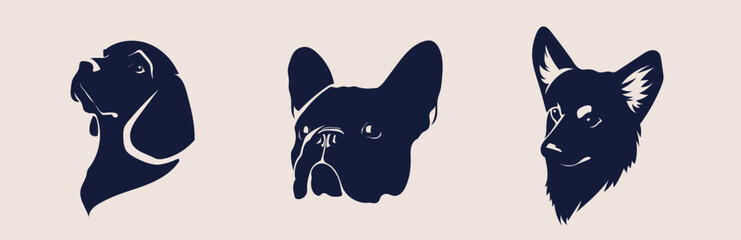 Set of flat vector stickers with dogs heads on grey background