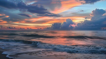 Fototapeta premium Stormy Cloudy Ocean Sunset with Dramatic Cumulonimbus Clouds and Turquoise Waves, Overcast Seascape Featuring Amber Glow Through Cloud Breaks and Empty Horizon