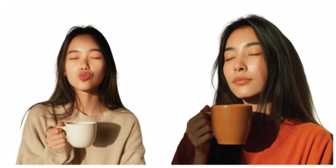 Two young asian women enjoying a warm beverage isolated on transparent background