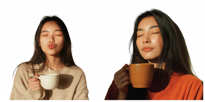 Two young asian women enjoying a warm beverage isolated on transparent background