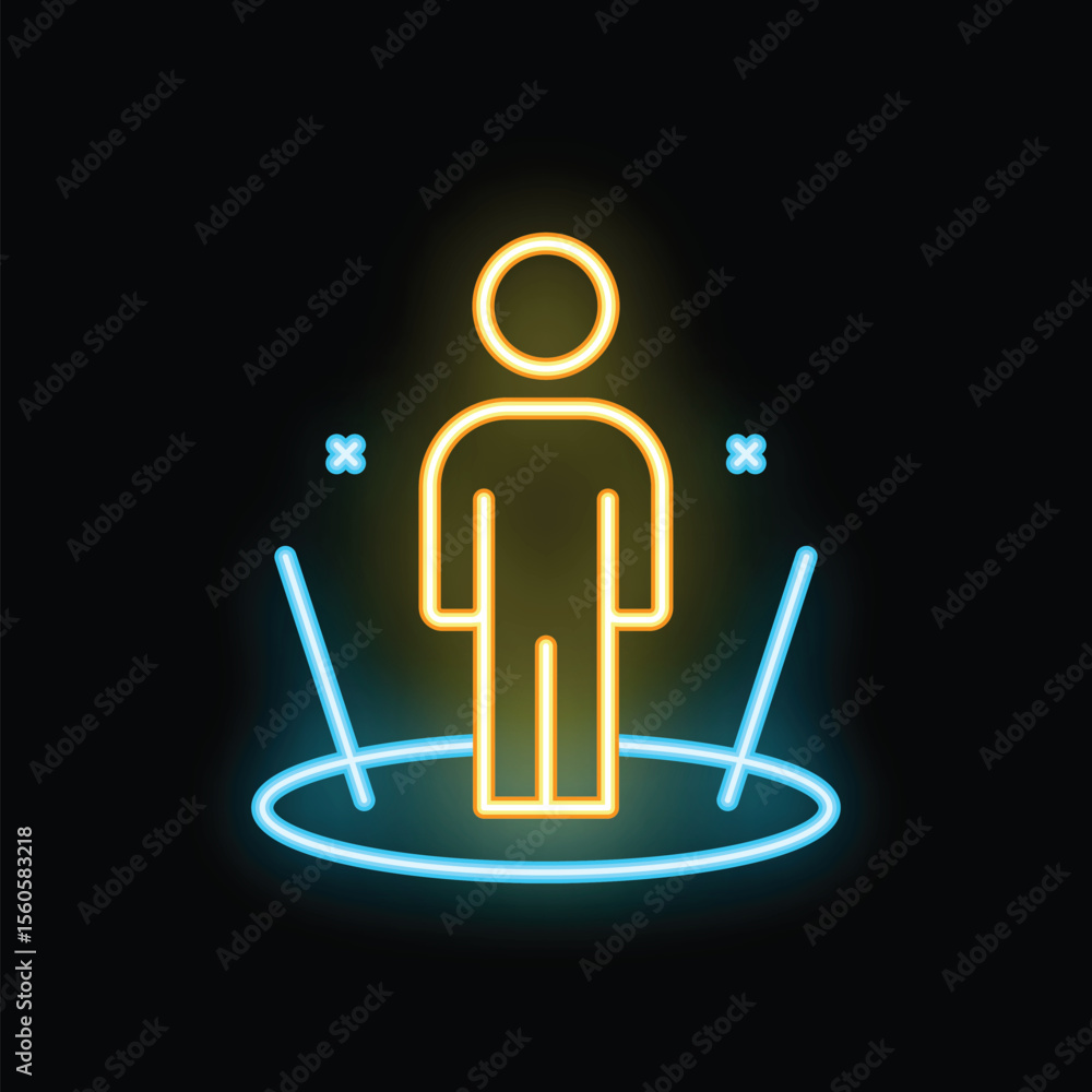 Poster neon sign representing a person standing in a circle with lines pointing towards him, possibly symbo