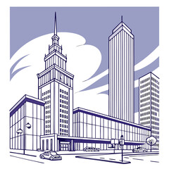 Obraz premium Cityscape illustration featuring tall buildings and street with cars in a blue and white color scheme design
