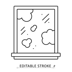 A dirty window icon in minimalist style with editable stroke. Glass cleaning symbol, household hygiene, smudged glass, sanitation object, dusty windowpane, outline drawing, vector line illustration.
