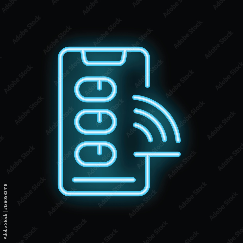 Poster neon glowing symbol of a smartphone with battery indicator showing increasing charging levels