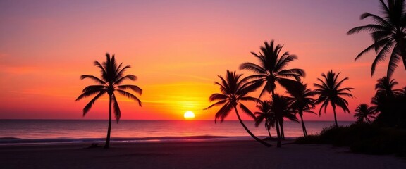 Silhouetted palm trees frame vibrant sunset, crescent moon above sandy beach,  warmth,   nature photography
