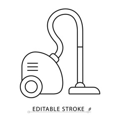 A vacuum cleaner icon in minimalist style with editable stroke. Household cleaning, floor care, electric appliance, dust removal tool, sanitation object, outline drawing, vector line illustration.