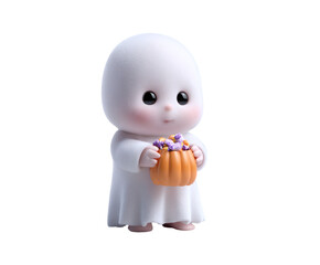 Adorable ghost character holding a pumpkin basket full of colorful candies for halloween.