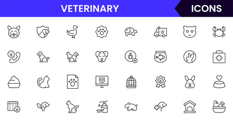 Veterinary vector web line icon collection, clean illustrations of pet care, medical tools, and animal health for compassionate designs.