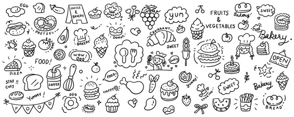 Hand drawn food and dessert element line doodle concept set. Illustration vector design.