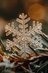 A beautiful snowflake resting on frosted pine needles, capturing the delicate beauty of winter's icy artistry.