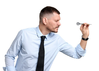 Naklejka premium Targeting. Man with dart aiming on white background
