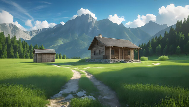 Serene Mountain Landscape with Rustic Cabins and Lush Greenery