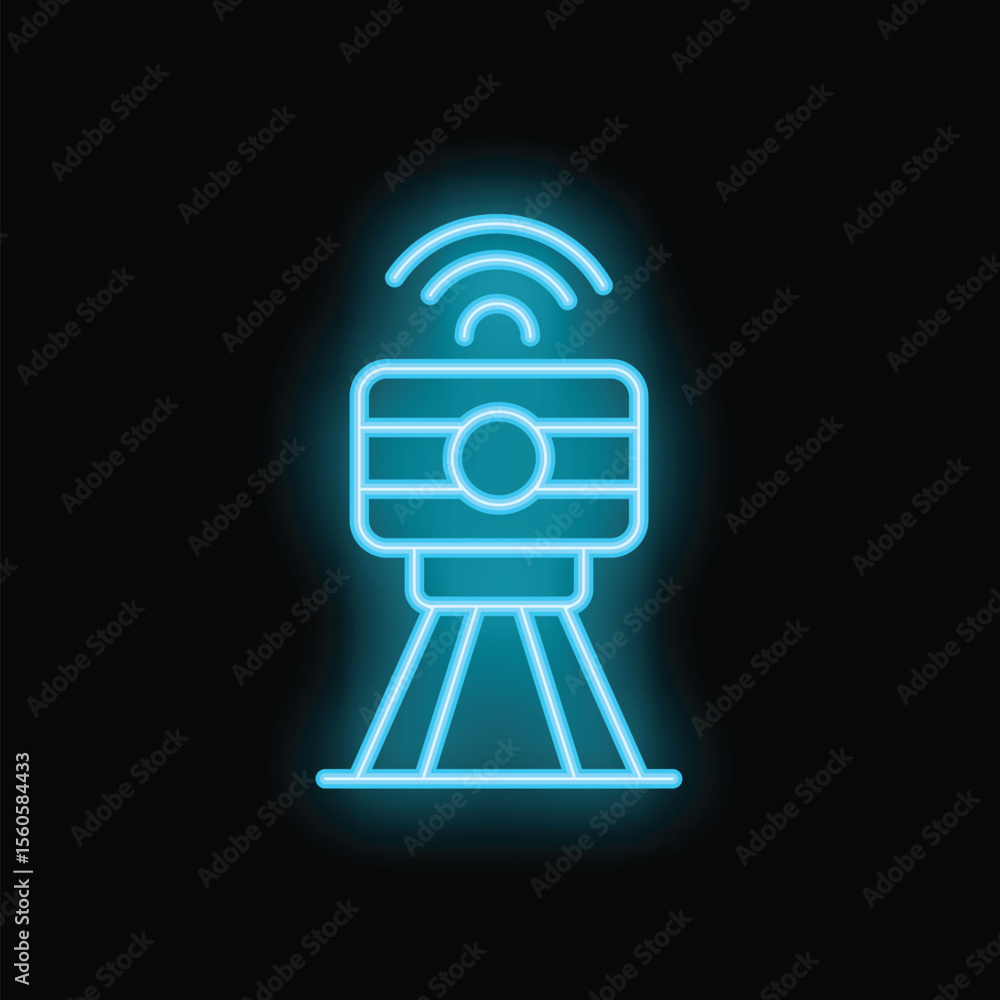 Poster neon glowing icon of a router sending a wifi signal on a black background