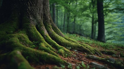 Moss-Covered Tree Roots in Dense Forest Landscape during Daylight