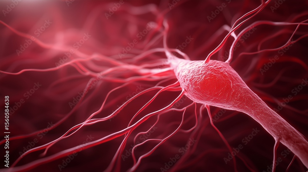 Poster detailed view of a neuron with long axons and dendrites illuminated in red, showcasing intricate str
